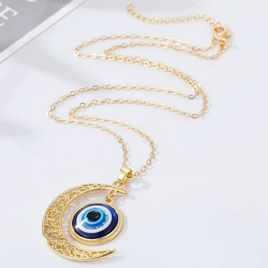 GOLD EVIL EYE CRESENT MOON PENDANT NECKLACE