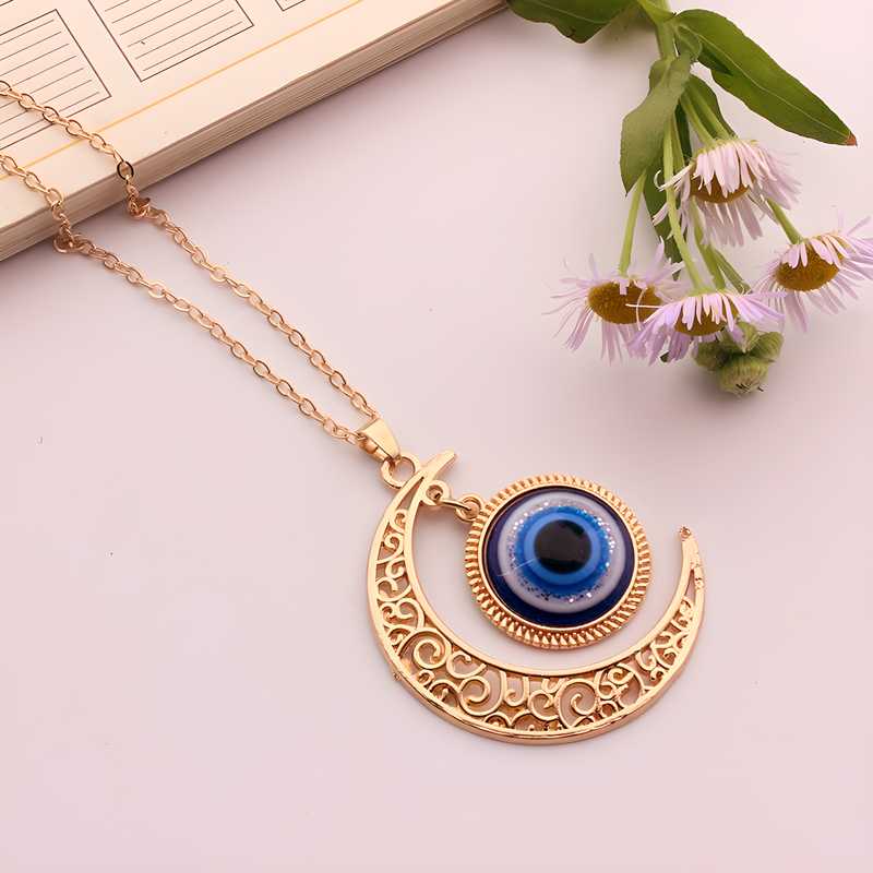 GOLD EVIL EYE CRESENT MOON PENDANT NECKLACE