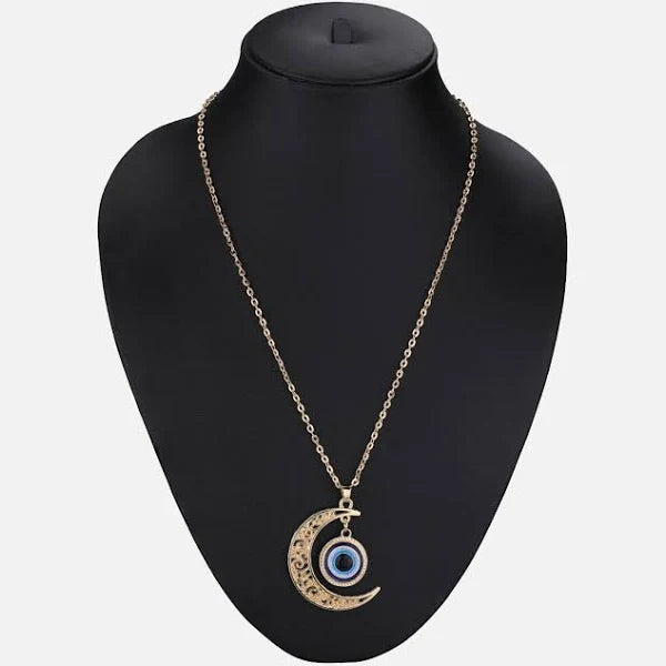 GOLD EVIL EYE CRESENT MOON PENDANT NECKLACE